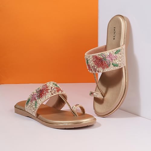 Mochi Women Antique Gold Chappals UK/4 EU/37(35-2374)