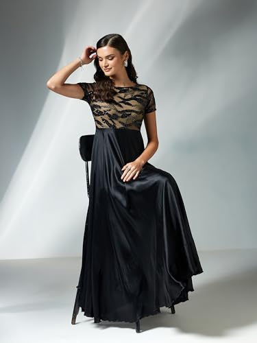 Miss Chase Women's Boat-Neck Short-Sleeve Abstract Fit & Flare Satin Maxi Dress (MCAW25D86-23-62-04, Black, M)
