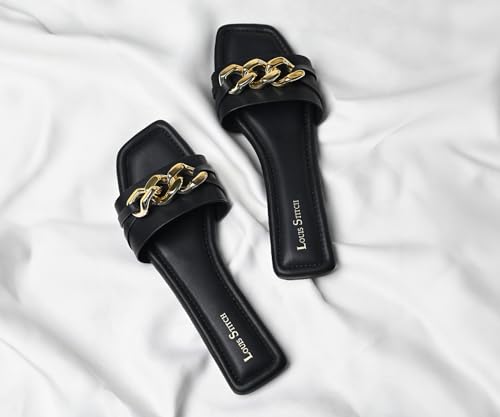 LOUIS STITCH Women’s One strap Flat Sandals | Open Toe Black Comfortable Sandal | LSOF-FI05-SLBSJB | UK-5