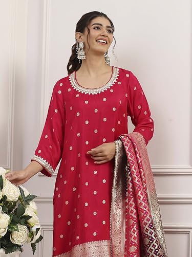 BIBA Women Pink Viscose Rayon Straight Suit Set_42
