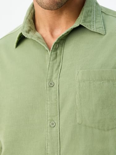 The Souled Store Corduroy Shirt: Jade Men and Boys Long Sleeve Spread Collar Green Solid Casual Easy to Style Everyday Officewear Casual Relaxed Fit Cotton Shirt