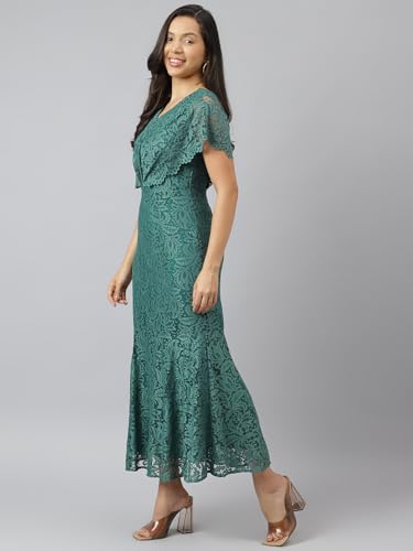 Latin Quarters Women's Green Short Sleeves V-Neck Self Design Party Maxi Dress_S