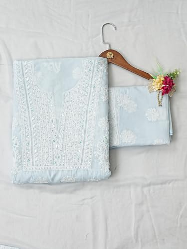 Ada Hand Embroidered Lucknowi Chikankari Unstitched Chanderi Dress Material Suit Piece with Dupatta for Women with Cutdana Work 01A871539 Blue