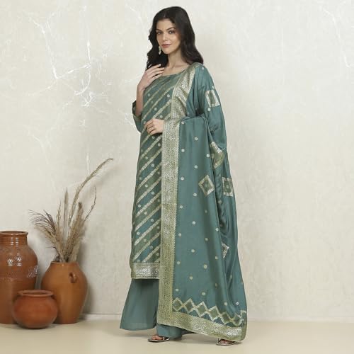 Biba Women's Teal Art Silk Woven Unstitched Suit Set