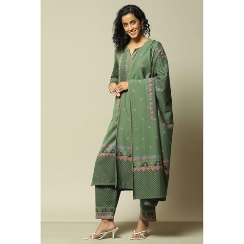 Rangriti Women Cotton Blend Straight Suit Set (WNTRWR18806AW23GRN_Green