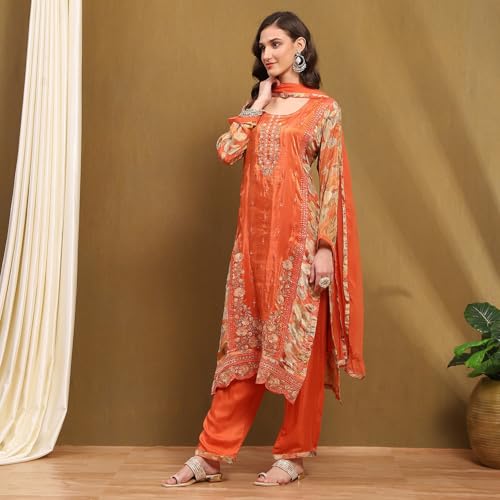 BIBA Women's Orange Viscose Blend Printed Unstitched Suit Set