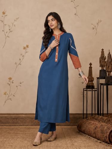 Varanga Women Blue With Rust A Line Kurta Trousers Set Mandarin Collar