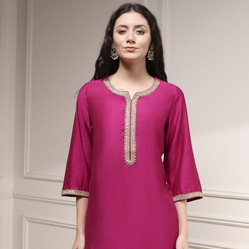 Biba Women Wine Polyester Blend Straight Solid Kurta_34