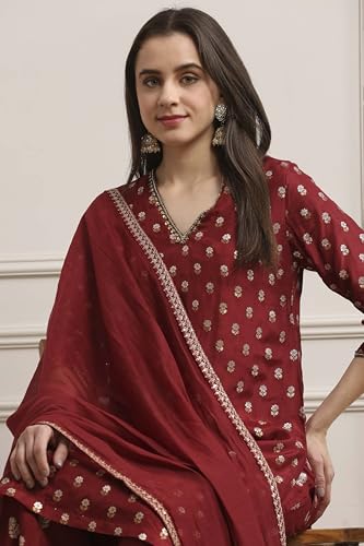 Biba Women Green-Maroon Viscose Gathered Yarndyed Suit Set_38