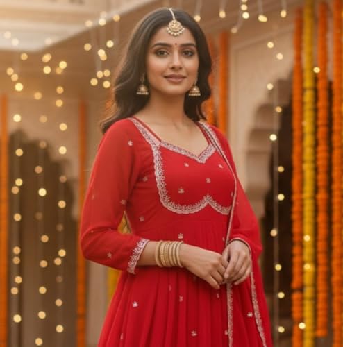 Leeli Peeri Designer Women's Faux Georgette Embroidery Anarkali Kurta Trouser and Dupatta Set XL