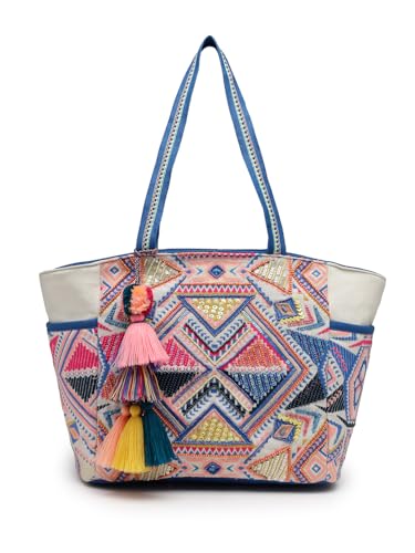 Anekaant Kooky Off White Embroidered Tote Bag For Women | Large Canvas Handbag for Office, Shopping & Travel