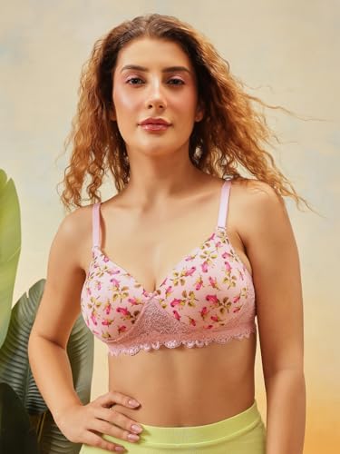 Clovia Women's Padded Non-Wired Full Coverage Floral Print Multiway T-Shirt Bra (BR1806D22_Pink_34D)