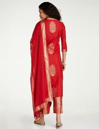BIBA Women Cotton Printed Relaxed Salwar Kurta Dupatta(Skd7074_Red_36)