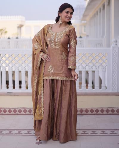 Women's Silk Blend Embroidered Kurta Set With Palazzo And Dupatta
