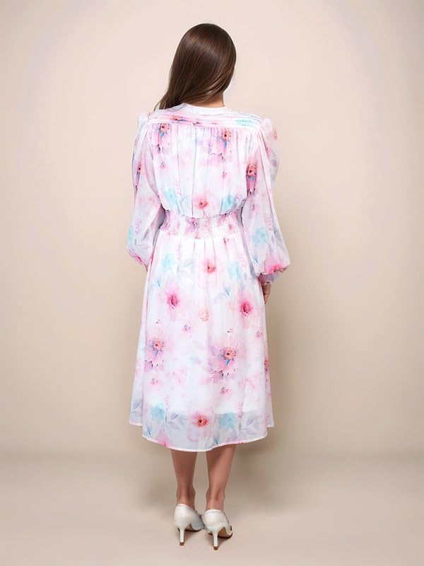 Zink London Women's White Floral Prints Relaxed Fit Midi Dress