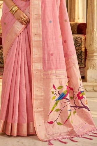 SGF11 Women's Cotton Linen Soft Silk Saree With Unstitched Blouse Piece (Pink)