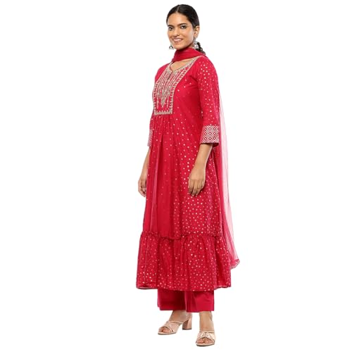 BIBA Women Cotton Printed Kurta Sets (SKDAPSARA9953AW24FUS_Fuchsia, Large