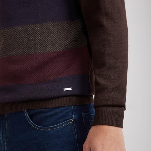 Park Avenue Men's Regular Fit Acrylic Wool Blend Full Sleeve V Neck Stripe Pattern Dark Brown Casual Sweater (Size: M)-PCWA00268-O8