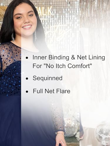 wild U Women Plus Size Gown Dress | Embellished | Sequinned | Non Itch Finish | Sleeves | Cocktail (Navy Blue, Size: 3XL)