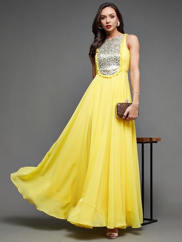 Miss Chase Women's Round Neck Sleeveless Embellished Frilled Georgette Maxi Dress (MCAW22D99-88-EFE-06, Carmine Yellow, XL)