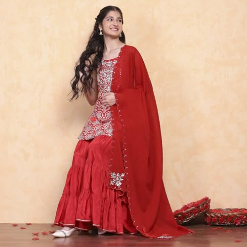 Biba Girl's Viscose Blend Kurta Set (KWSNKIS6318SS25RED_Red