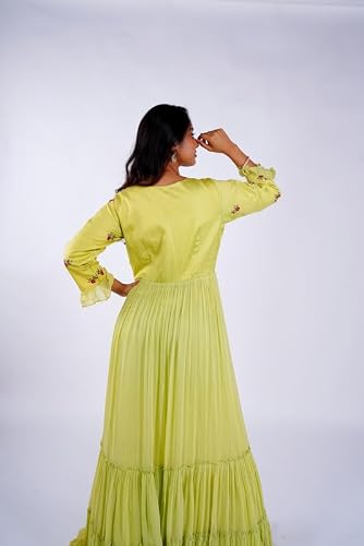 KIYANA'S Women's Georgette Traditional Outfit with Long Boutique Gown with Frills | Full Sleeve with Short Frills, (Size:-L) Olive Green