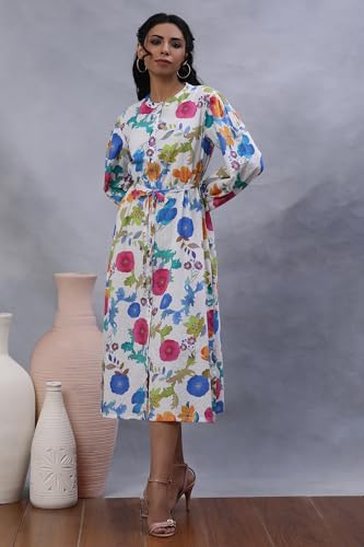W Women White Floral Print Cotton Straight Dress_24FEW11363-810664_3XL