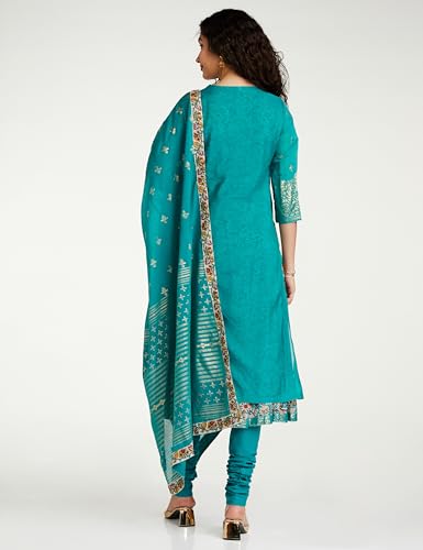 BIBA Women Polyester Blend Printed Layered Salwar Kurta Dupatta(Skdassorted7567E_Turquoise_38)
