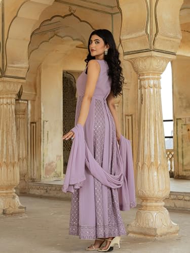 FUSIONIC Graceful Lavender Georgette Embroidered Gown with Flowing Dupatta for Festive Glamour