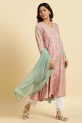 W for Woman Pink Floral Foil Printed Flared Kurta (Size: 2XL)-23AUW19799-119500