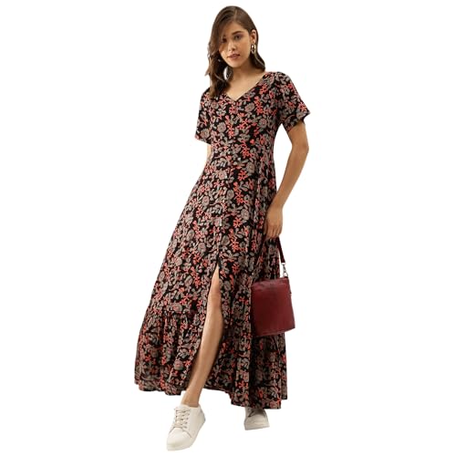 Divena Black Multi Floral Printed Rayon Ethnic Dress for Women