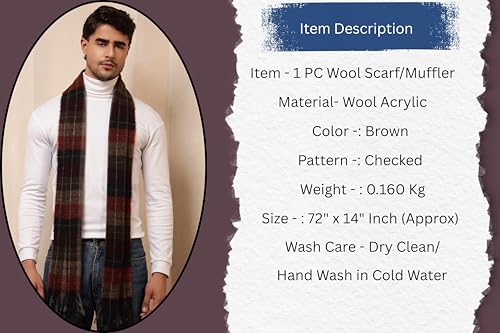 Ravaiyaa - Attitude is everything Men's Brown Checked Pattern Reversible Winter Wool Scarf, Muffler 72"x14" Inch