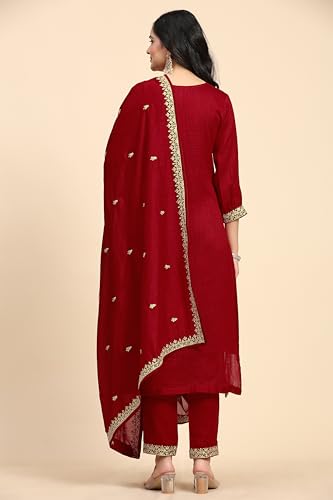 TRENDMALLS Women's Vichitra Silk Embroidery Salwar Suit Set for Women (G225-Red-XL-)