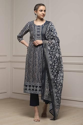 Biba Women Blue Chanderi Blend Printed Embroidered Unstitched Suit Set_FREE SIZE