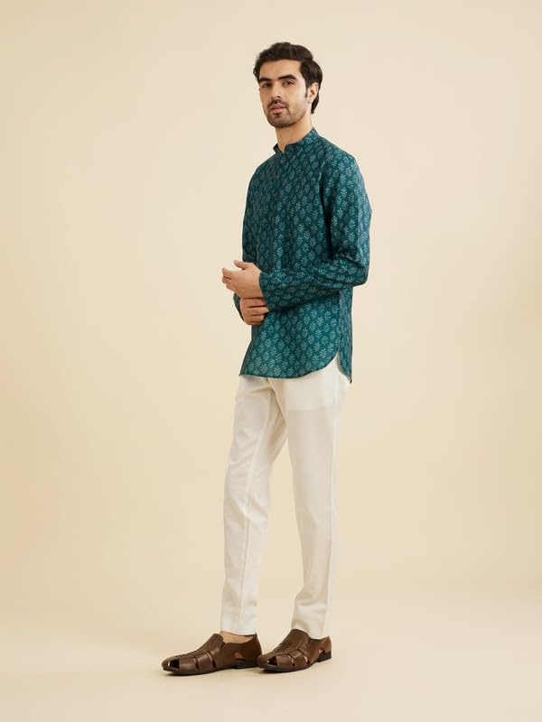 Manyavar Men's Cotton Blend Digital Print Short Kurta (Teal Green,M)