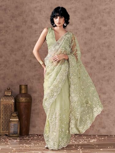 Womanista Women's Women Net Saree ll Women Embroidered saree ll Women Green saree ll Un-stitched blouse saree