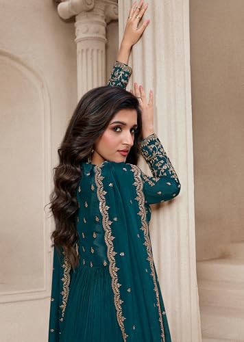 TRENDMALLS Women's Silk Blend Embroidery Anarkali Kurta Pant Set with Dupatta (G334-Morpeach-XXL-)