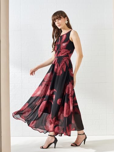 Latin Quarters Women's Wine Sleeveless Round Neck Printed Casual Maxi Dress_L