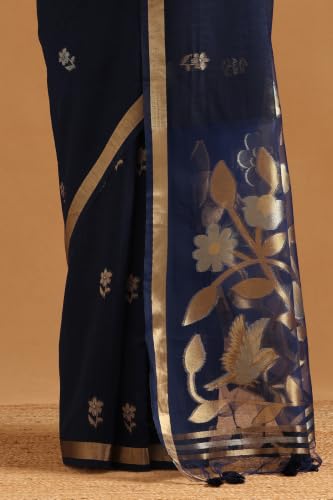 Soch Womens Navy Blue Organza Botanical Zari Woven Saree