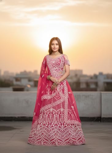 Women's Pink Net Embroidered Lehenga With Net Dupatta And Unstiched Choli