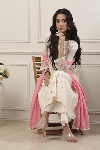 Biba Women White Poly Chanderi Kalidar Suit Set_36