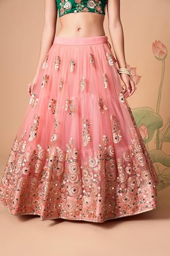 Divine Exim Women's Net Semi Stitched Lehenga Choli with Dupatta | Real Mirror with Embroidery Pattern | Traditional, Wedding, Ethnic Wear Lehenga (Pink)