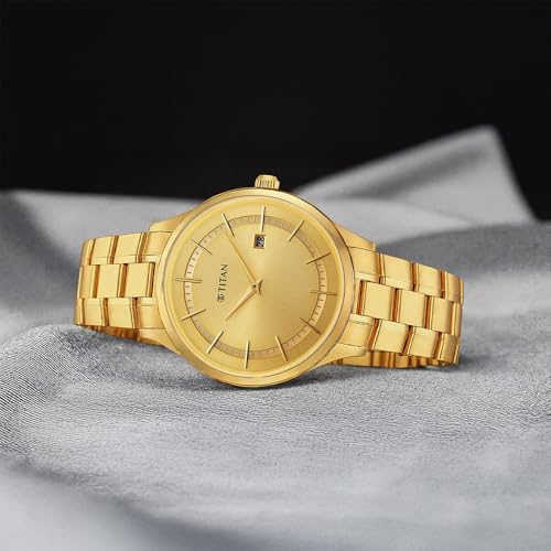 Titan Classique Slimline Champagne Dial Analog with Day and Date Stainless Steel Strap Watch for Men-NS90142YM01