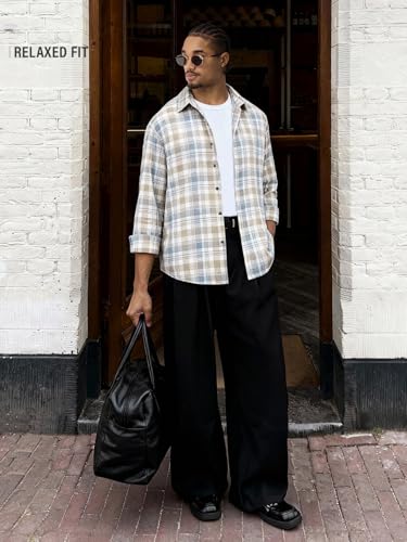The Souled Store Plaid Shirt: Butternut Men and Boys Long Sleeve Spread Collar White and Beige Plaid Cotton Blend Lightweight Easy to Style Everyday Office Wear Casual Relaxed Shirt