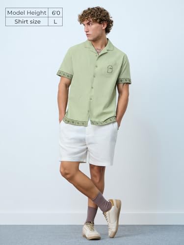 The Souled Store Cotton Linen: Aura Men and Boys Short Sleeves Collared Neck Green Embroidered Regular Fit Cotton Linen Shirt