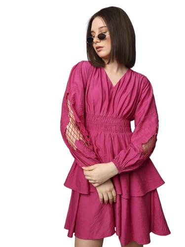 ONLY Women Self Design Casual Pink Fit and Flare Dress