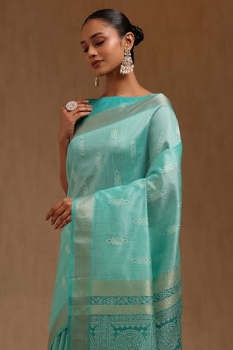 Soch Womens Turquoise Blue Tussar Woven Design Saree