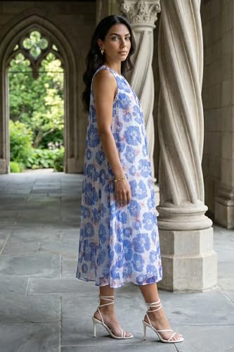 W for Woman Blue Floral Printed Sleeveless Chiffon A-line Dress - (W13500-126862-XS)