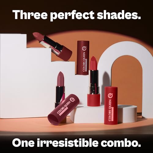 Colors Queen Lippie Pack of 3 Matte Lipsticks for Women Enriched with Jojoba Oil & Vitamin E | Lightweight & Long Lasting | Creamy Smooth Texture, Nourishing Formula | One Swipe Application (Combo - 01, 15g)