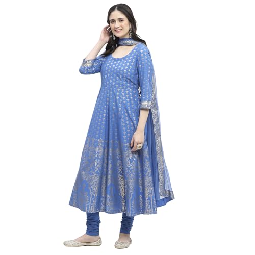BIBA Women Cotton Printed Kurta Sets (SKD8792OAW24EBLU_Blue, Large